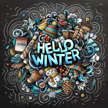 Hello Winter hand drawn doodles colorful vector illustration. 스톡 일러스트