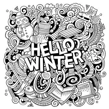 Hello Winter hand drawn doodles vector illustration. 스톡 일러스트