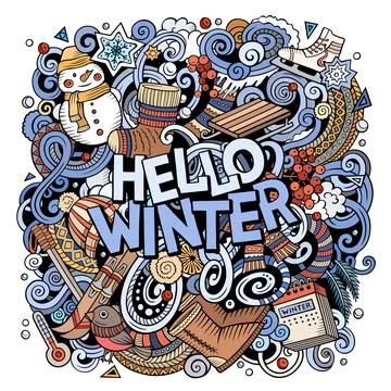 Hello Winter hand drawn doodles colorful vector illustration. イラスト素材