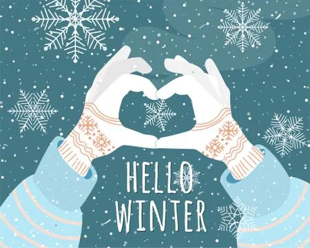Hello winter holiday vector illustration background. Female hands with gloves Stock Illustration