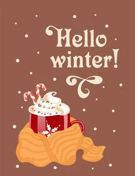 Hello winter. Hot chocolate or coffee, cocoa and whipped cream in a red mug w Stock Illustration