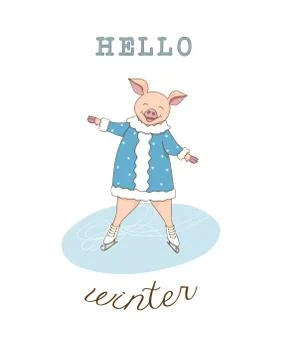 Hello winter with ice skating happy piggy Stock Illustration