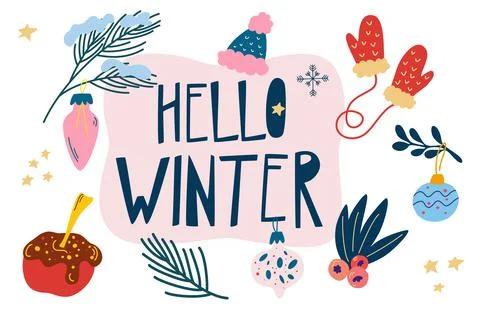 Hello winter items. Cozy winter. Winter season element set. Hand drawn collec Stock Illustration