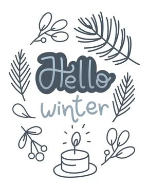 Hello winter lettering phrase. Tree branch, candle Stock Illustration