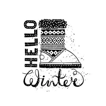 Hello winter lettering text Brush and boots. Seasonal shopping concept design Illustrazione stock