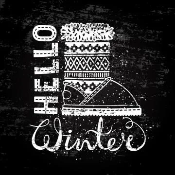 Hello winter lettering text Brush and boots. Seasonal shopping concept design Stock Illustration