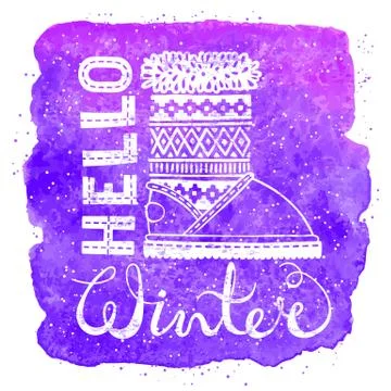 Hello winter lettering text Brush and boots on watercolor background. Seasonal Stock Illustration