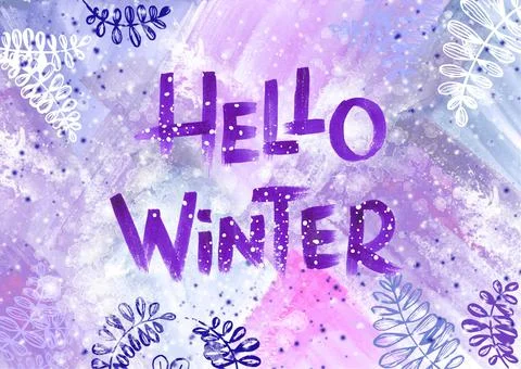 Hello Winter - purple text and floral elements on violet and blue Colorful Stockillustratie