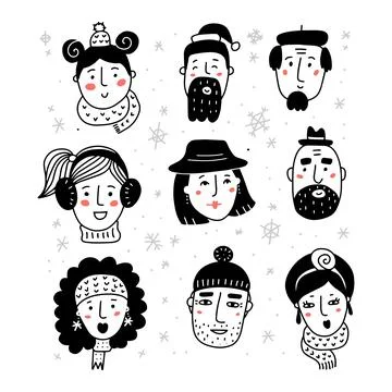 Hello winter set. Black and white Portraits of various women and men in warm Stock Illustration