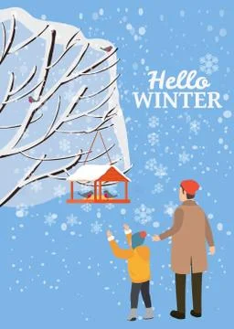 Hello Winter, snow landscape, bird feeder with feed, birds, dad with son stand イラスト素材