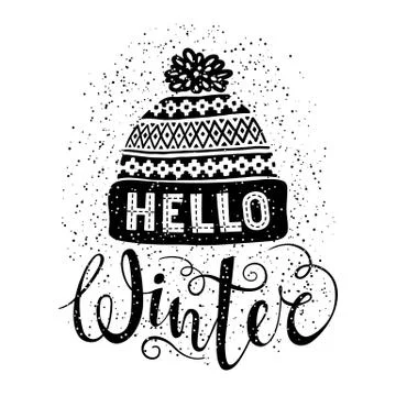 Hello winter text and knitted woolen cap. Seasonal shopping concept design for Stock Illustration