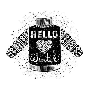 Hello winter text and knitted wool pullover with a heart. Seasonal shopping Stock Illustration