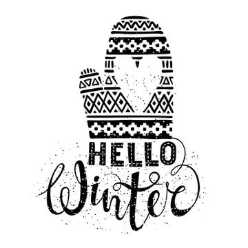Hello winter text and knitted woolen mitten with heart. Seasonal shopping Illustrazione stock