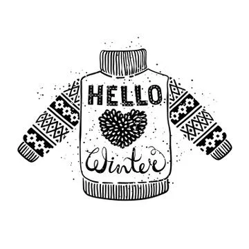 Hello winter text and knitted wool sweater with a heart. Seasonal shopping Stock Illustration