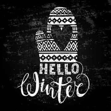 Hello winter text and knitted woolen mitten with heart. Seasonal shopping Stock Illustration