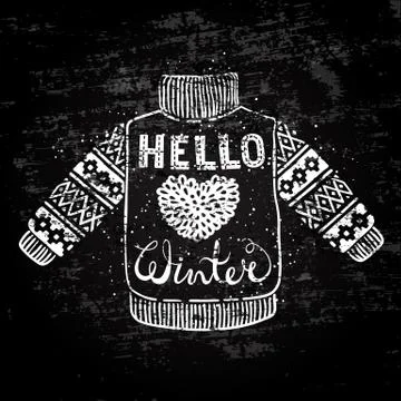Hello winter text and knitted wool sweater with a heart. Seasonal shopping Illustrazione stock