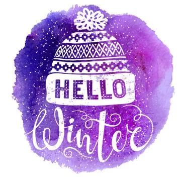Hello winter text and knitted woolen cap on watercolor background. Seasonal Stock Illustration