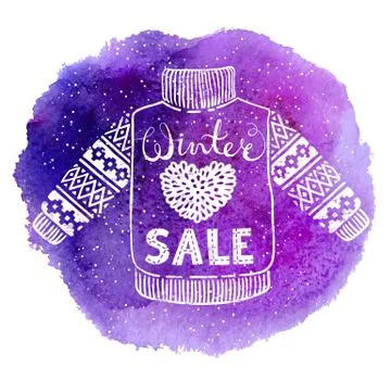 Hello winter text and knitted wool pullover with a heart on watercolor Stock Illustration