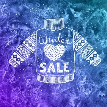 Hello winter text and knitted wool pullover with a heart on watercolor Stock Illustration