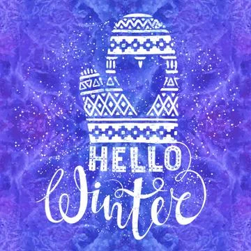 Hello winter text and knitted woolen mitten with heart on watercolor background Stock Illustration