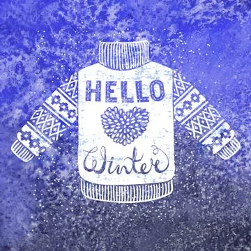 Hello winter text and knitted wool pullover with a heart. Seasonal shopping Stock Illustration