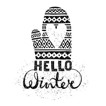 Hello winter text brush lettering and knitted woolen mitten with heart. Seasonal Stock Illustration