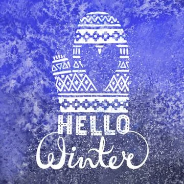 Hello winter text brush lettering and knitted woolen mitten with heart on Illustrazione stock