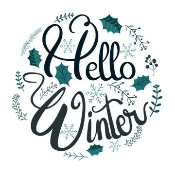 Hello Winter text decorative with snowflakes and leaves Stock Illustration