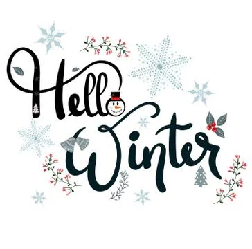 Hello Winter text decorative with snowflakes and leaves Stock Illustration