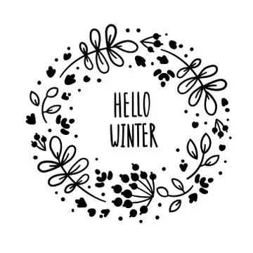 Hello winter text in a round flower frame Stock Illustration