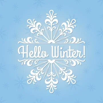 Hello Winter text with snowflake. Winter background template for greeting card Illustrazione stock