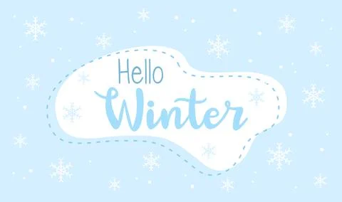 Hello Winter text with snowflakes on a blue background Stock Illustration
