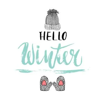Hello Winter text. Winter background with hand drawn winter elements and te.. Illustrazione stock