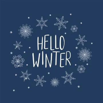 Hello Winter typography with snowflakes Stock Illustration