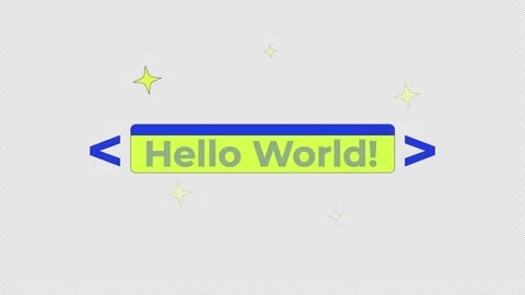 Hello world text coding banner in sparkles and code brackets 2D animation Stock Footage 311978384