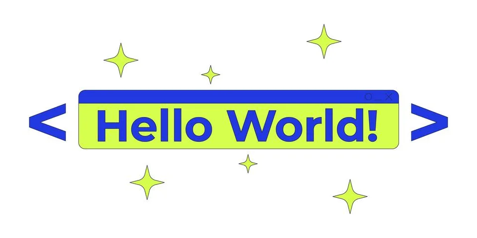 Hello world text coding banner in sparkles and code brackets 2D cartoon object Stock Illustration