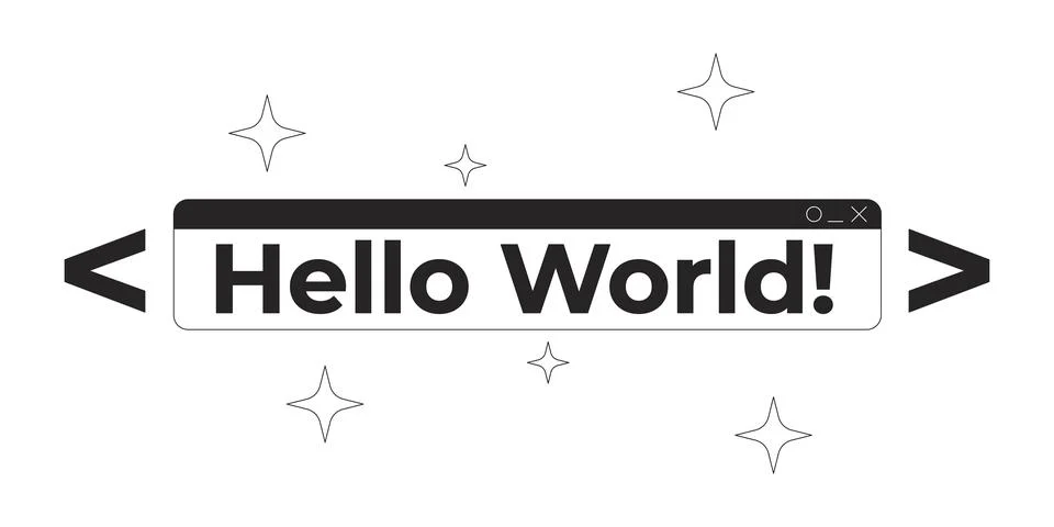 Hello world text coding banner in sparkles and code brackets 2D line object Stock Illustration