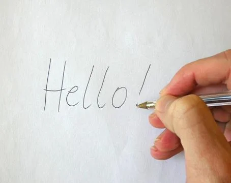 Hello! Writing Hand Stock Photos