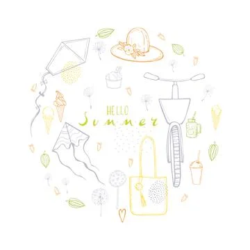 Hellor summer. Vector sketch illustration with bike and skites Stock Illustration