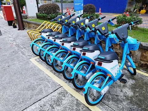 HelloRide e-bike sharing service that offers electric bicycles Stock Photos