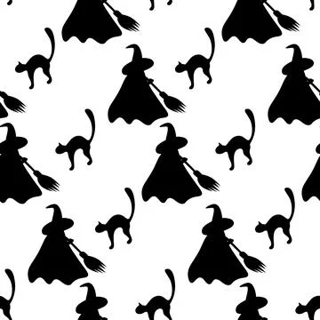 Helloween endless pattern of abstract silhouette image of cat and witch in cap Illustrazione stock