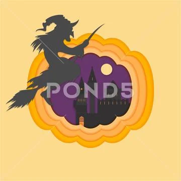 Helloween paper cut vector illustraion with haunted and scary castle full moo Stock Illustration