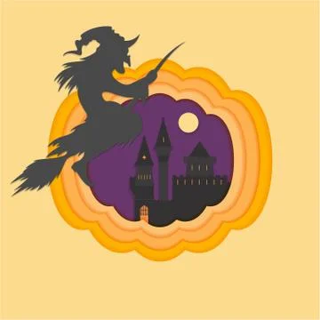 Helloween paper cut vector illustraion with haunted and scary castle full moo Stock Illustration