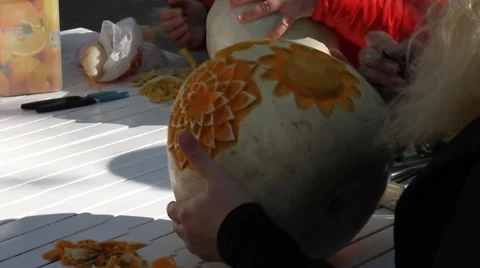 Helloween pumpkin carving for helloween night party. Last night of October Stock Footage 69057411