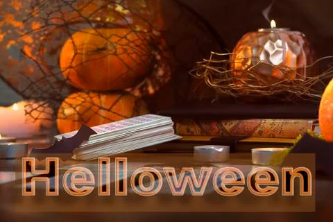 Helloween. Text written on a background of pumpkins, esoteric symbols Stock Photos