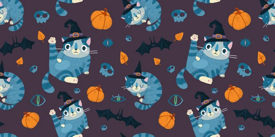 Helloween vector seamless pattern with cute cat in a witch hat, bats and pu.. Illustrazione stock