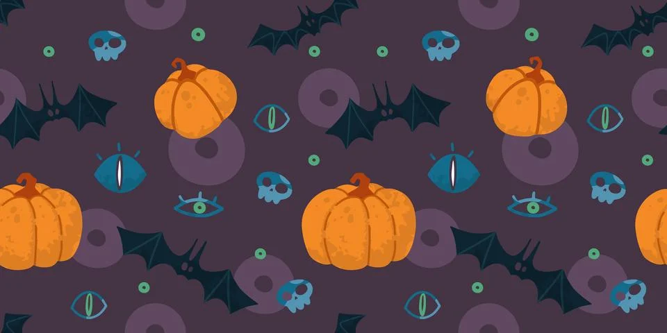 Helloween vector seamless pattern with halloween stuff: bats, pumpkins, sku.. Illustrazione stock