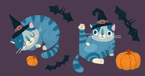 Helloween vector stock illustration with cute cat in a witch hat, bats and .. Stock Illustration