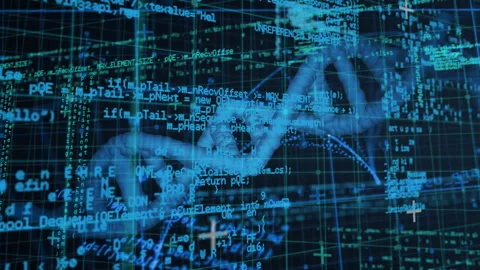 HelloWorld code drifting on grid starting DNA helix forming and rotating while Video stock 311885135