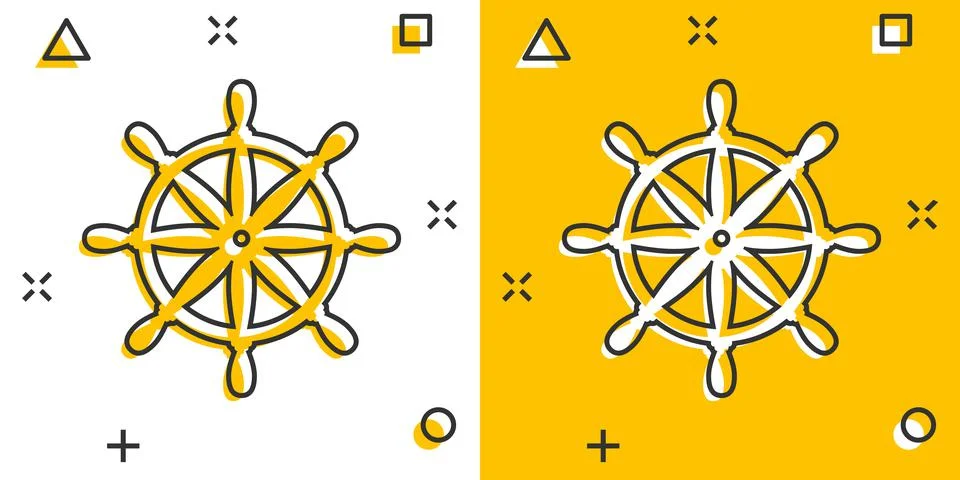 Helm wheel icon in comic style. Navigate steer cartoon vector illustration on イラスト素材